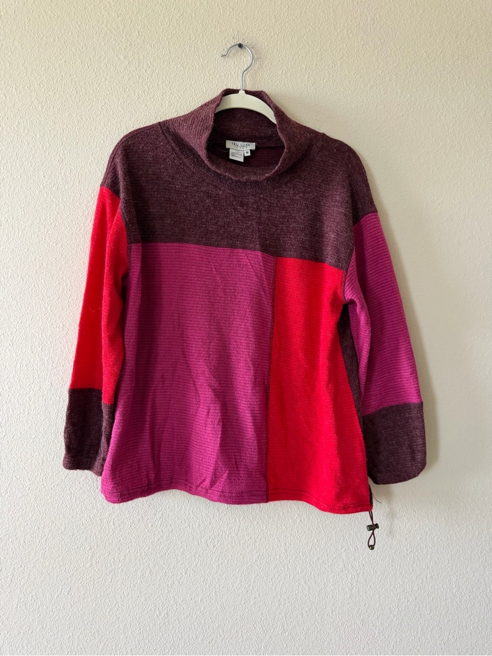 Tru Luxe Jeans Colorblock Cowl Neck Sweater - Burgundy, Magenta & Red